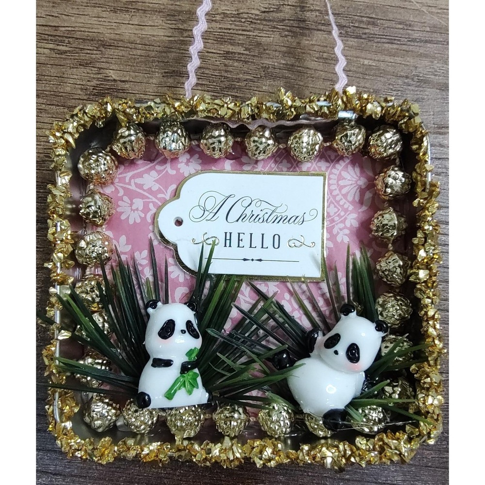 Panda Christmas Ornament Handmade Vtg Style OOAK Miniature Tobacco Tin Diorama